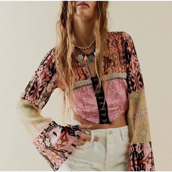 NWT Free People Walk That Way Print Top In Femme Combo sz L - Picture 1 of 8